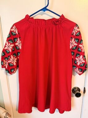 Women's Red Embroidered Puff Sleeve Blouse